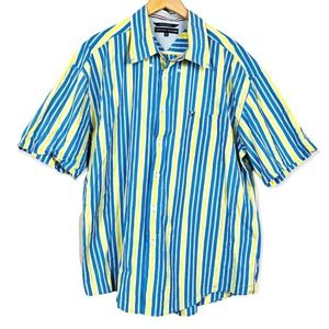 TOMMY HILFIGER Stripe Y2K Men Blue Yellow Short Sleeve Cotton Collared Shirt XXL